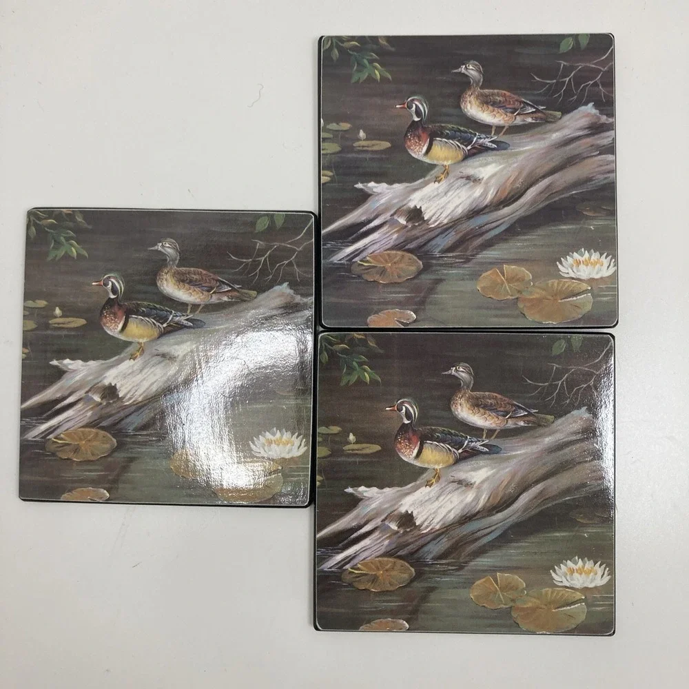 Vintage Duck Box Coaster Set Cork Back Wood Box 1970s with‎ 3 Coasters